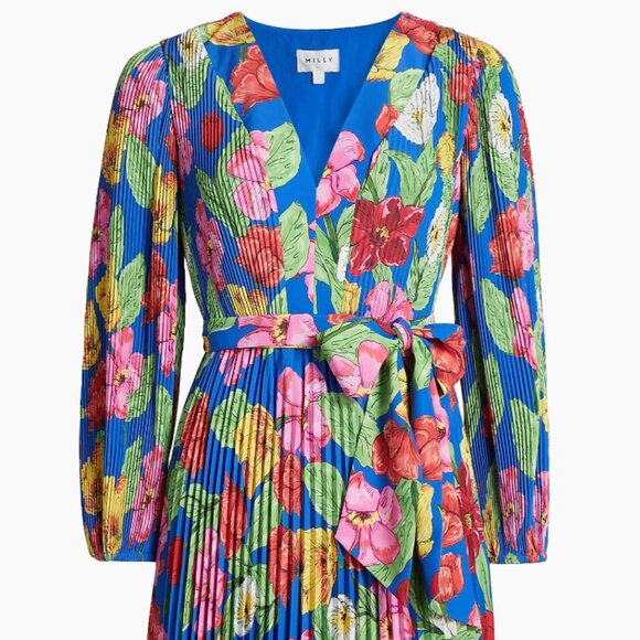 Milly  Liora Floral Pleated Tie-Waist Midi Dress Sz -8 NWT - Picture 1 of 3